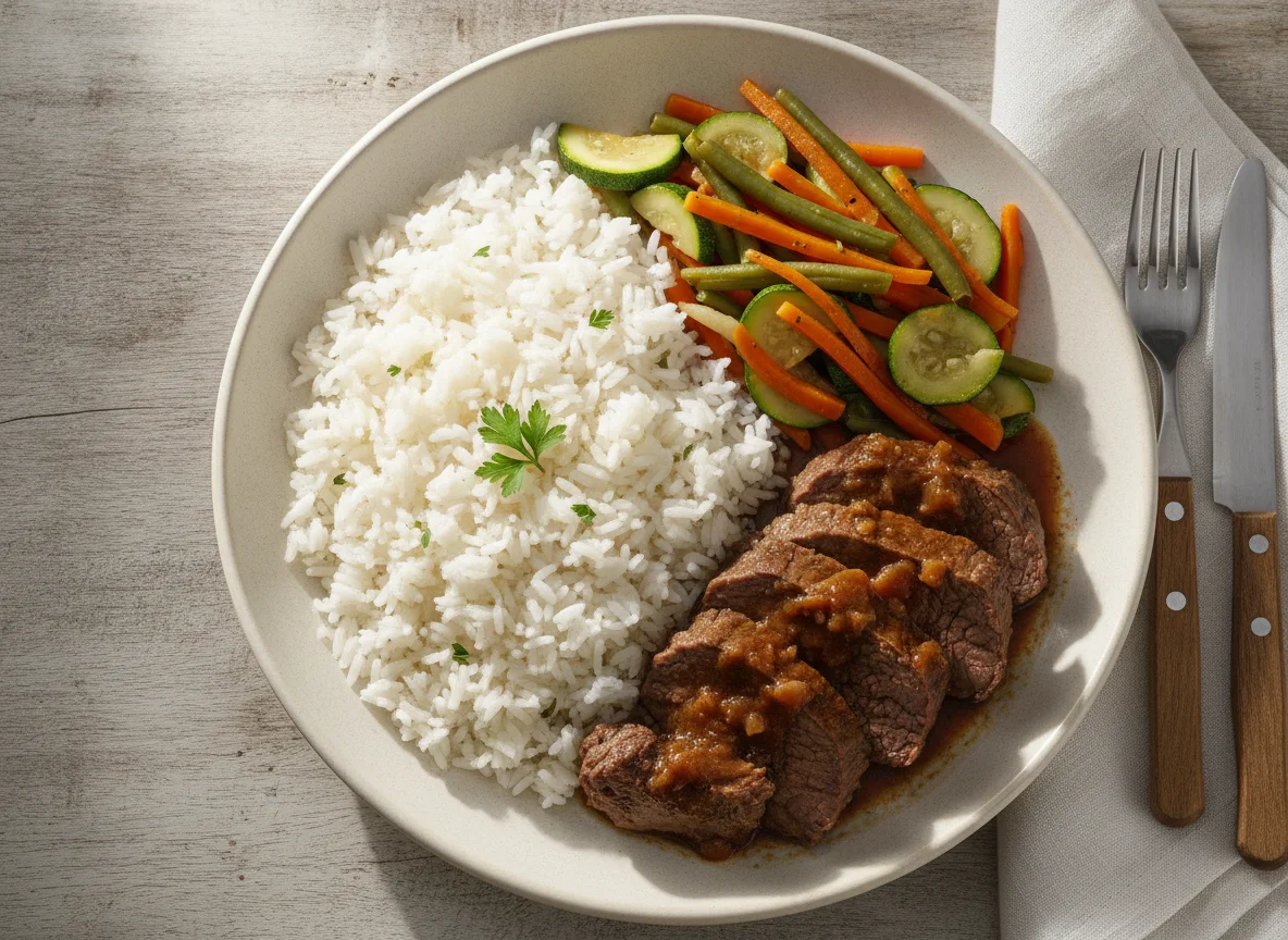 Prato com carne, arroz e refogado de legumes photo