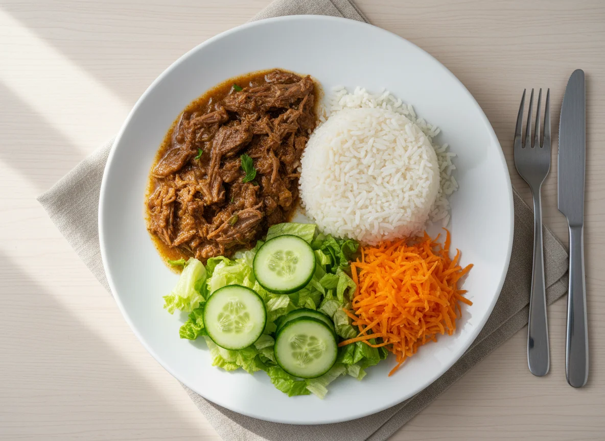 Prato com carne, arroz e salada photo