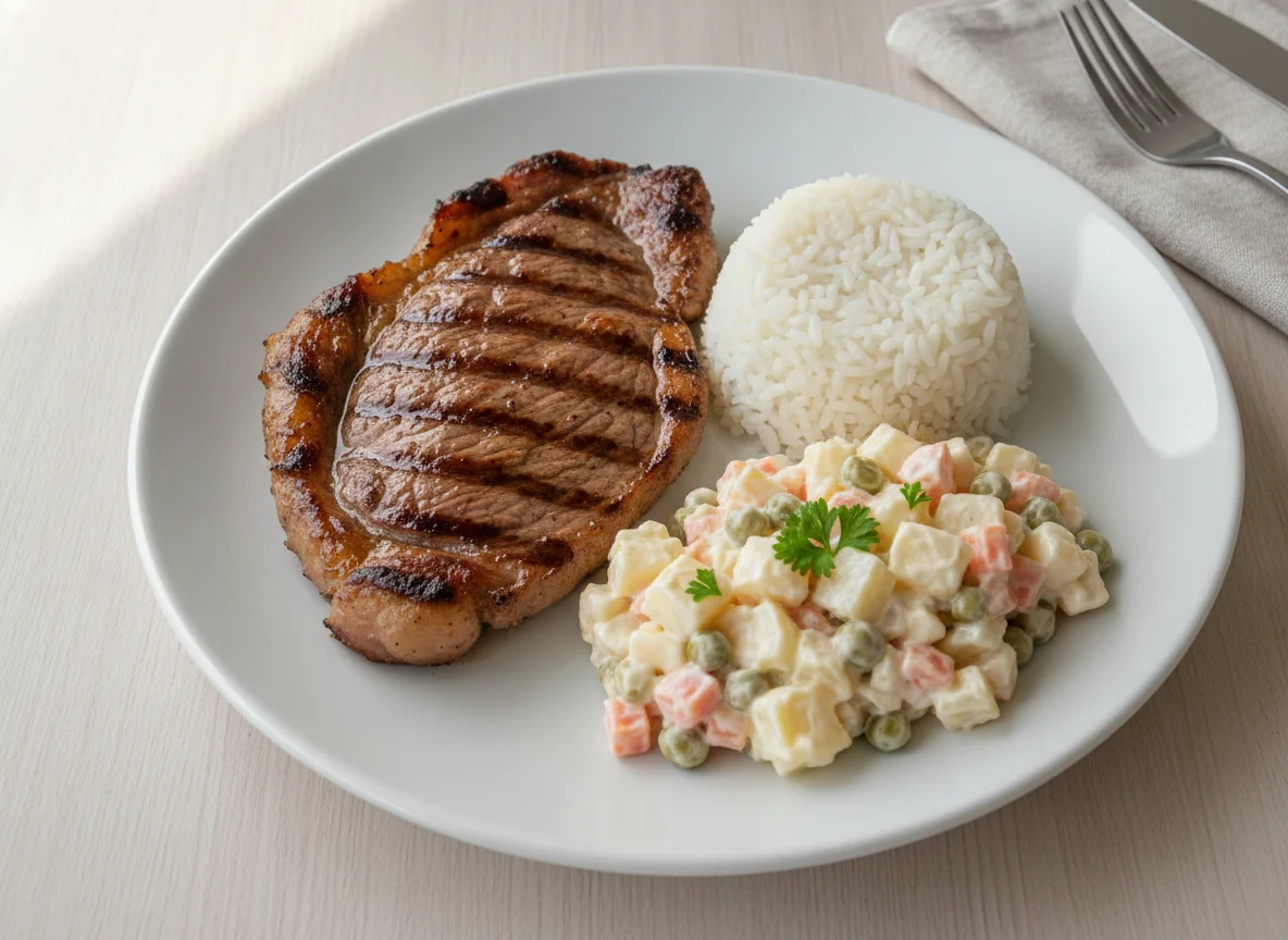 Prato com carne, arroz e salada cremosa photo
