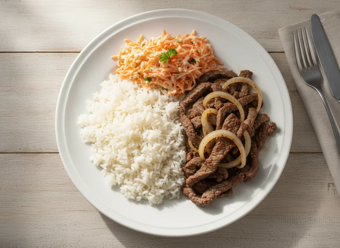 Prato com carne, arroz e salada de cenoura photo
