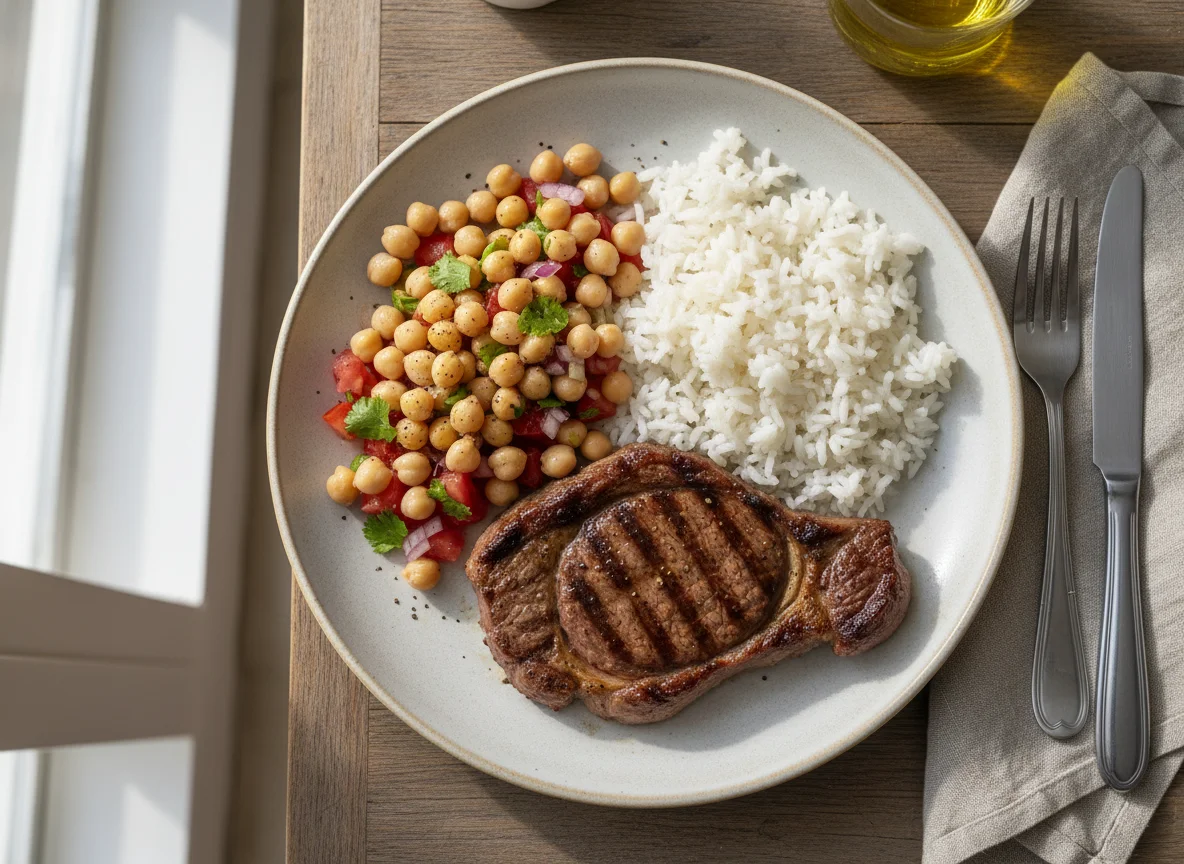 Prato com carne, arroz e salada de grão de bico e tomate photo