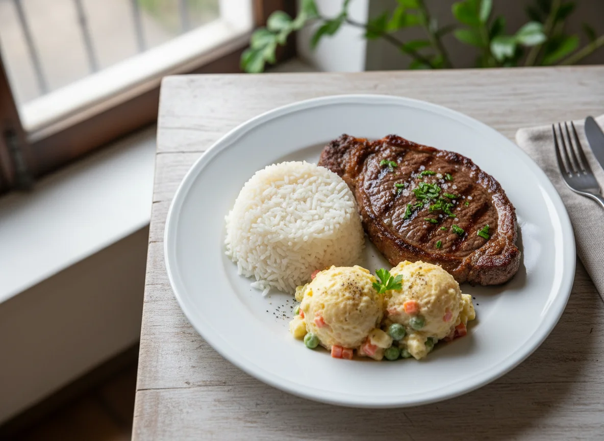 Prato com carne, arroz e salada de maionese photo