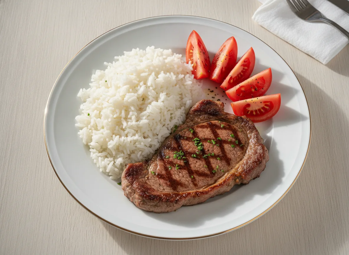 Prato com carne, arroz e tomate photo