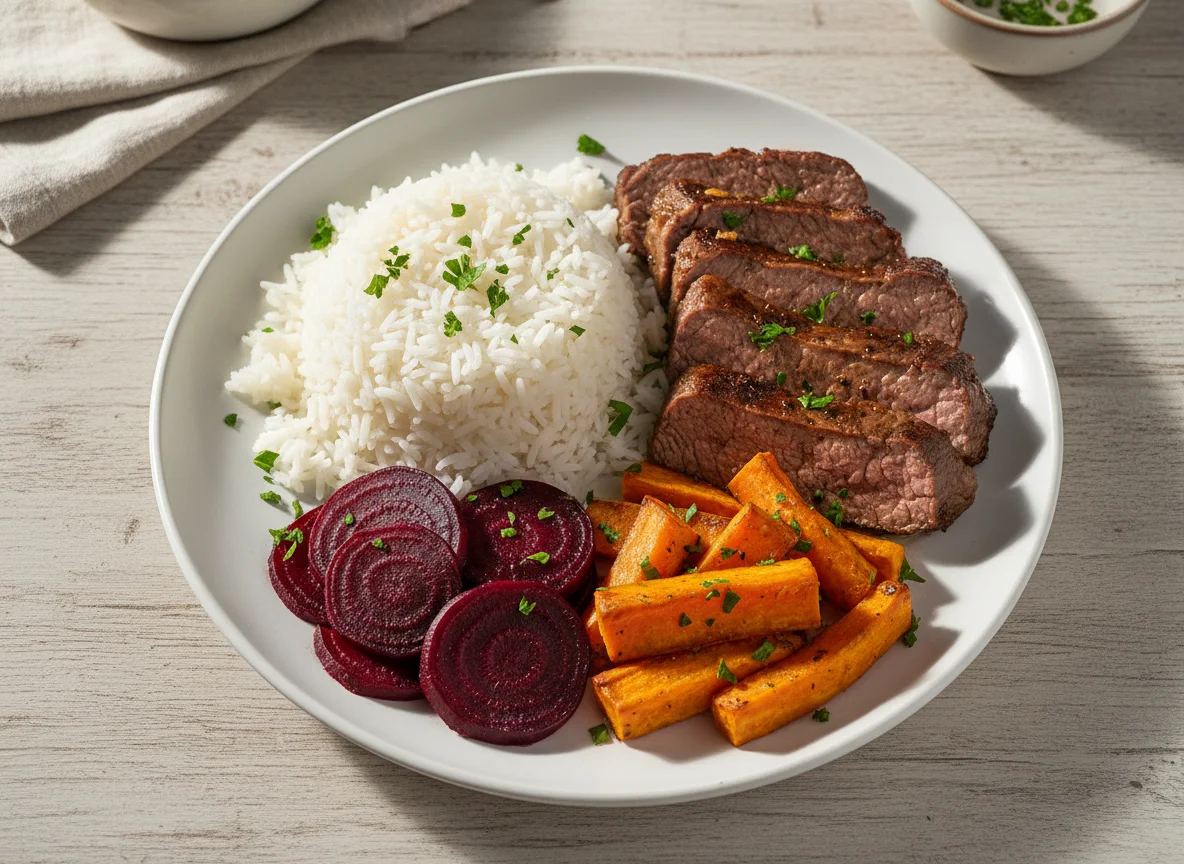 Prato com carne, arroz e vegetais photo