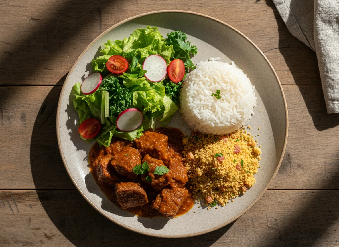 Prato com carne, arroz, farofa e salada photo