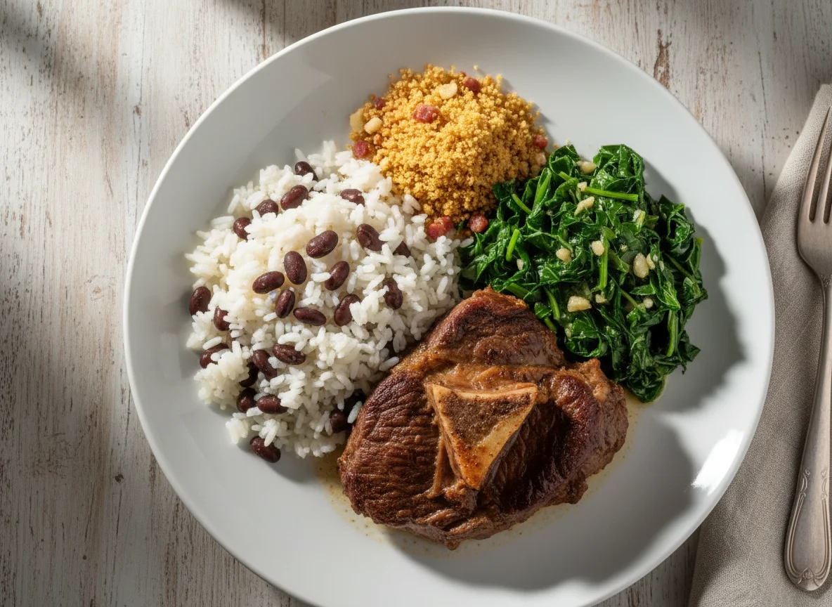 Prato com carne, arroz, feijão, couve e farofa photo
