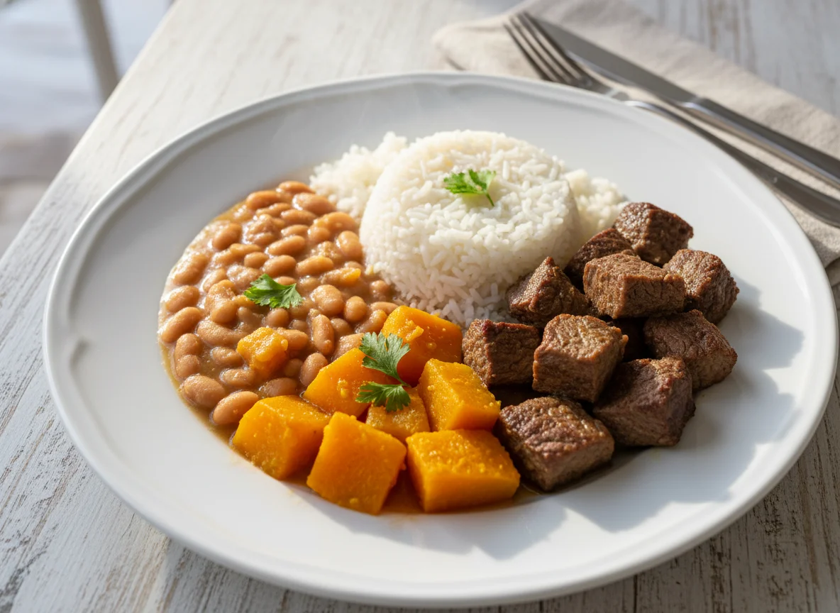 Prato com carne, arroz, feijão e abóbora photo