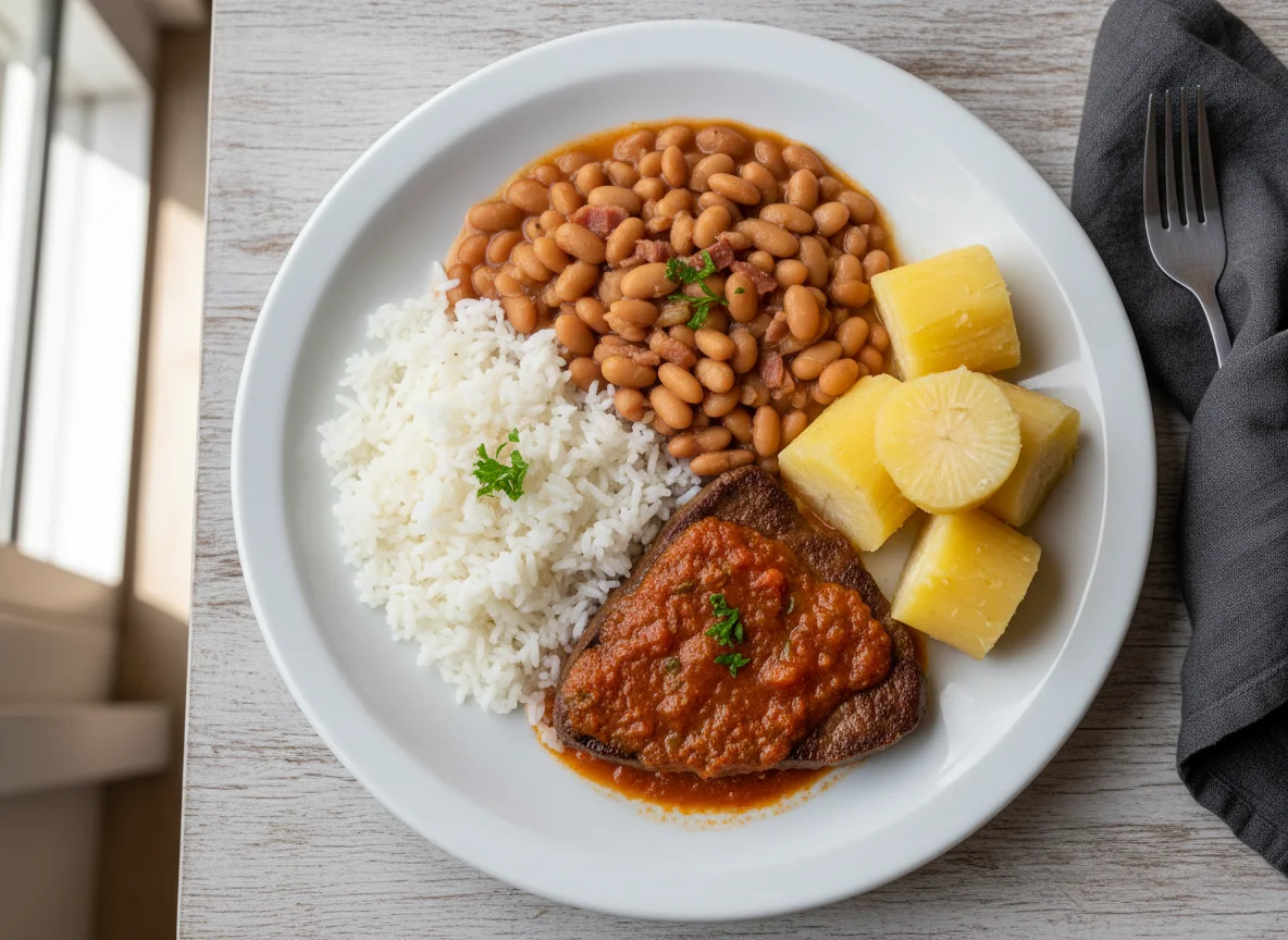 Prato com carne, arroz, feijão e mandioca photo