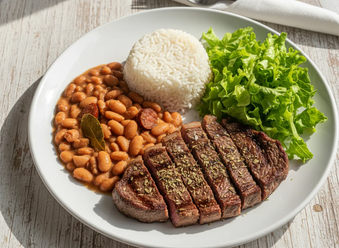 Prato com carne, arroz, feijão e salada photo