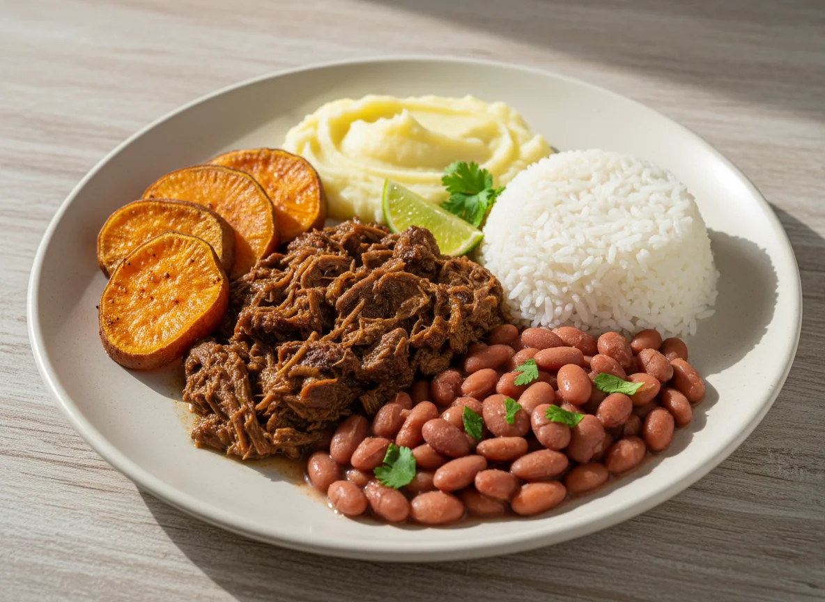 Prato com carne, arroz, feijão, purê e batata doce photo
