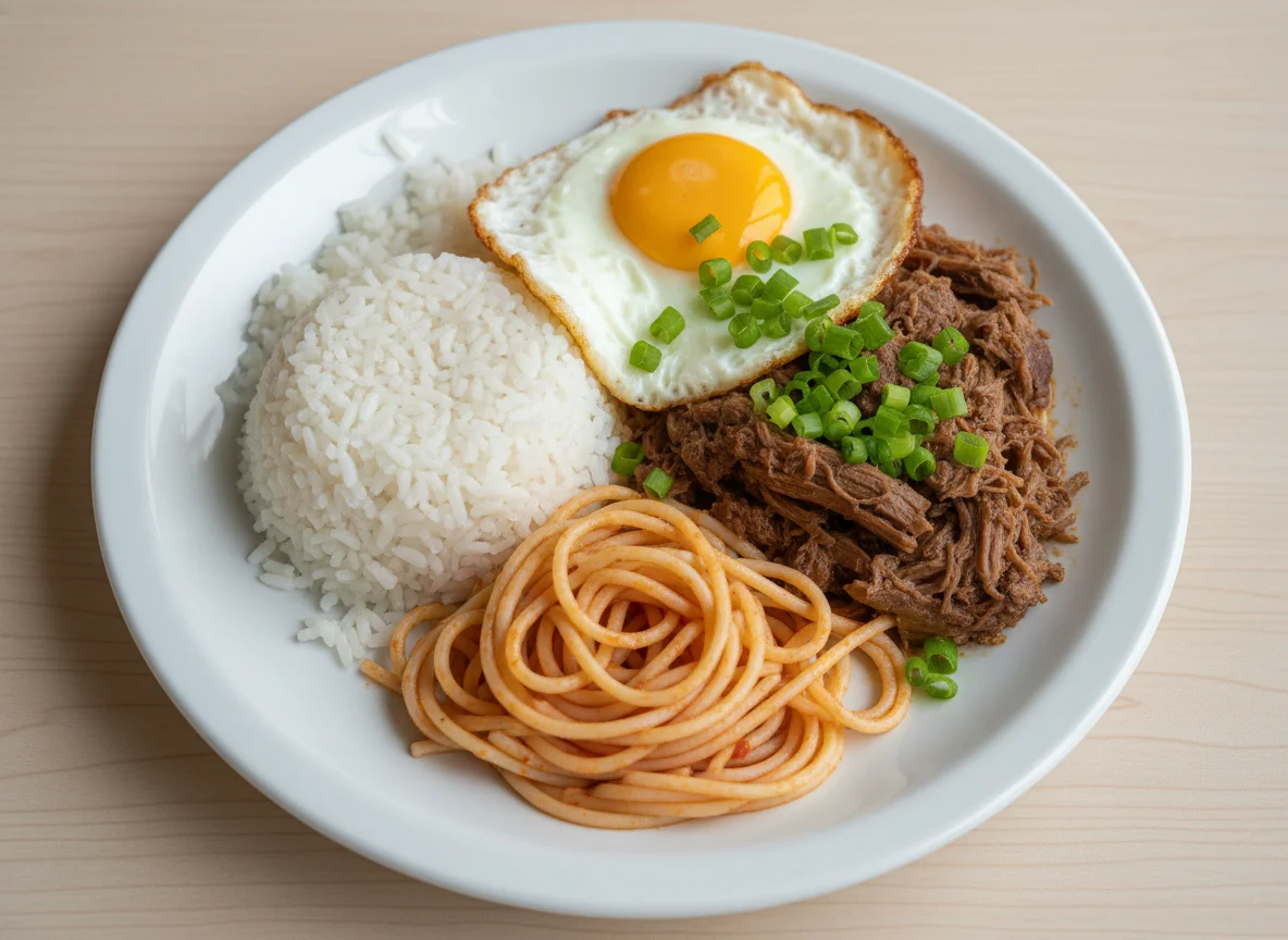 Prato com carne, arroz, macarrão e ovo frito photo