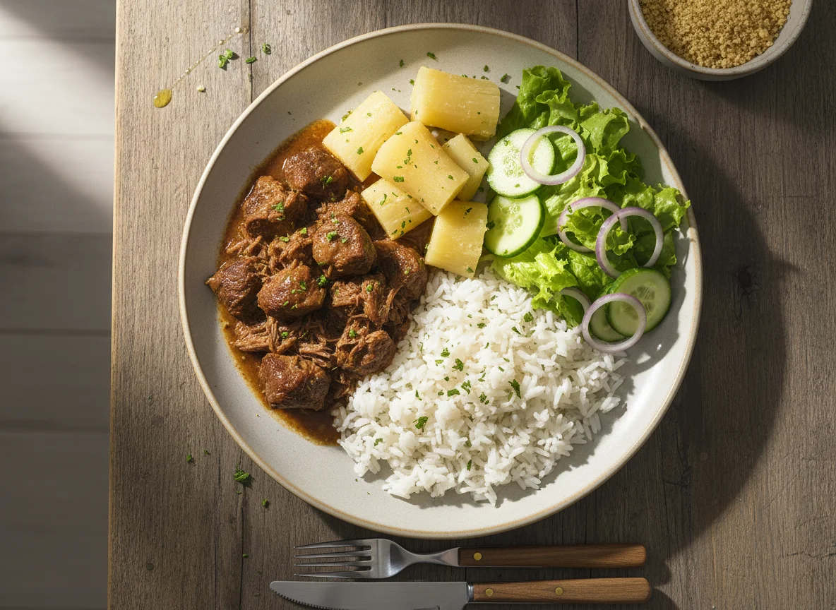 Prato com carne, arroz, mandioca e salada photo