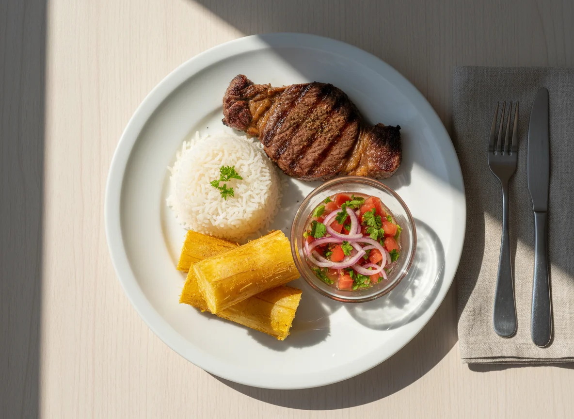 Prato com carne, arroz, mandioca e vinagrete photo