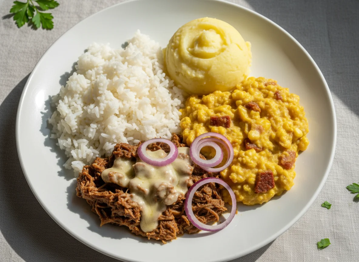 Prato com carne, arroz, purê de batata e Chica Doida photo