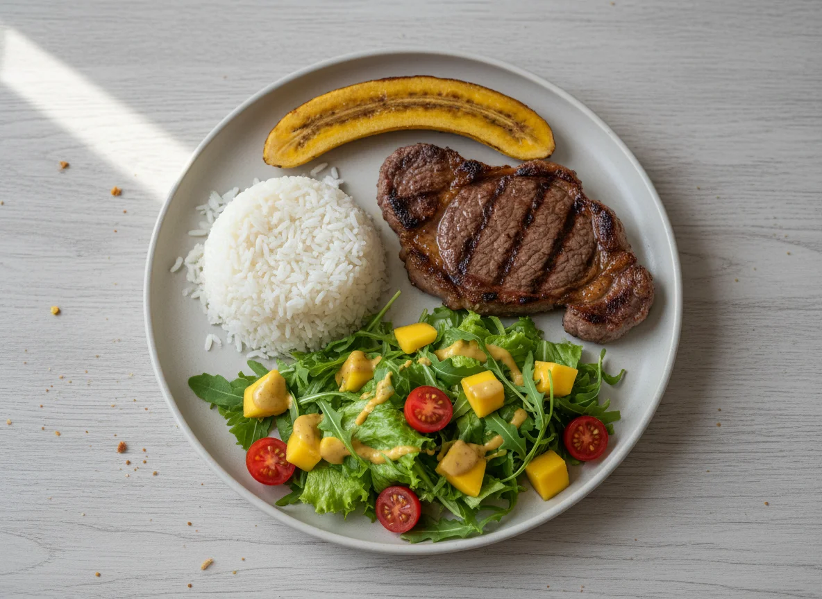 Prato com carne, arroz, salada e banana photo