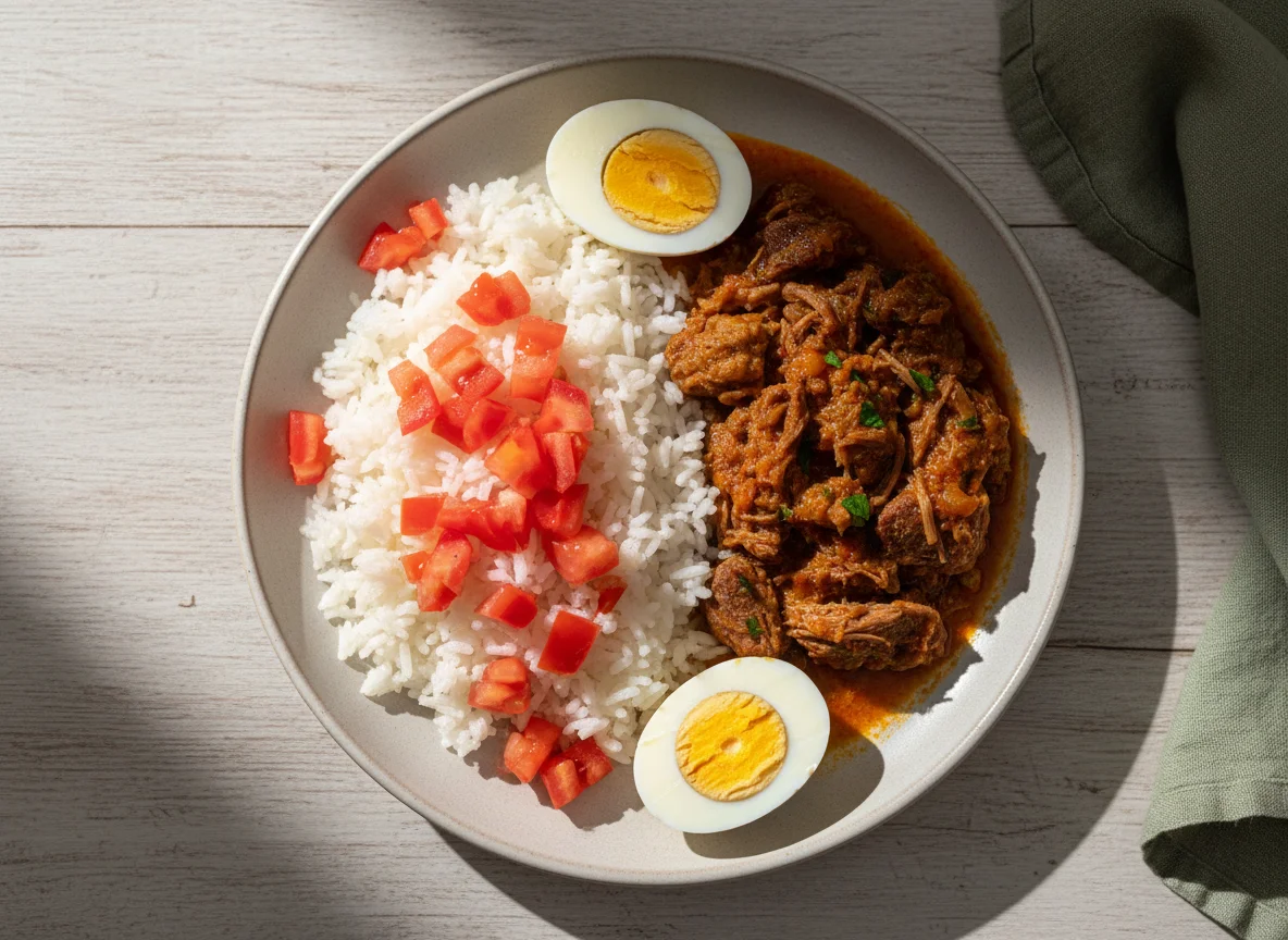 Prato com carne, arroz, tomate e ovos cozidos photo