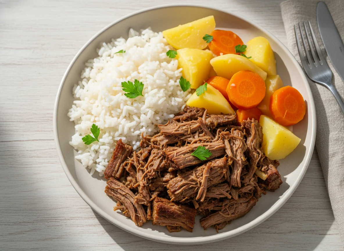 Prato com carne assada, arroz, batata e cenoura photo