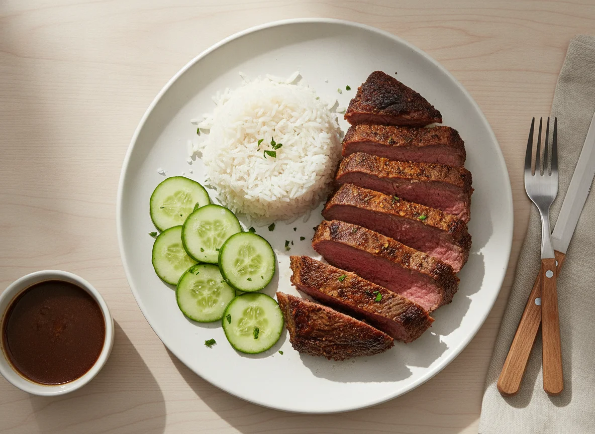 Prato com carne assada, arroz e pepino photo