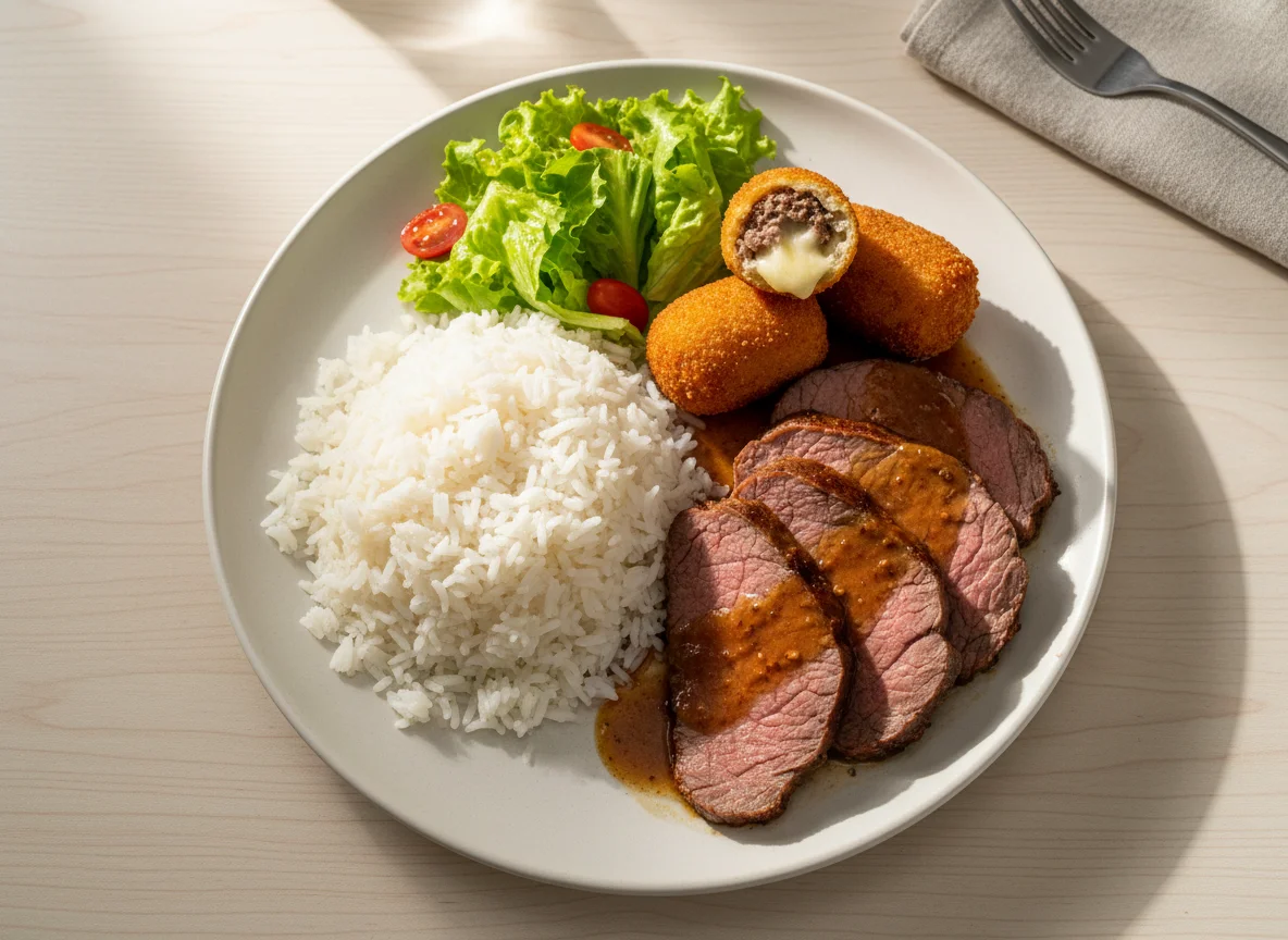 Prato com carne assada, arroz, salada e croquetes photo