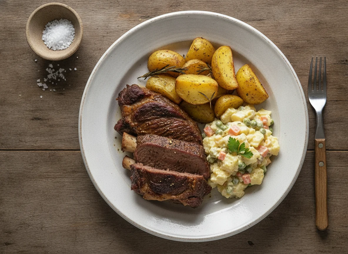 Prato com carne assada, batata assada e salada de maionese photo