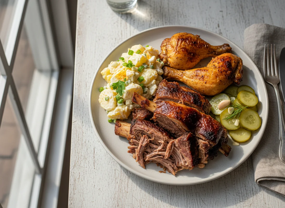 Prato com carne assada, salada de batata e pepinos em conserva photo