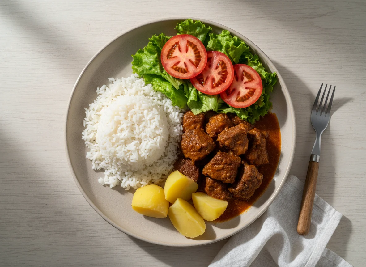 Prato com carne, batata, arroz e salada photo