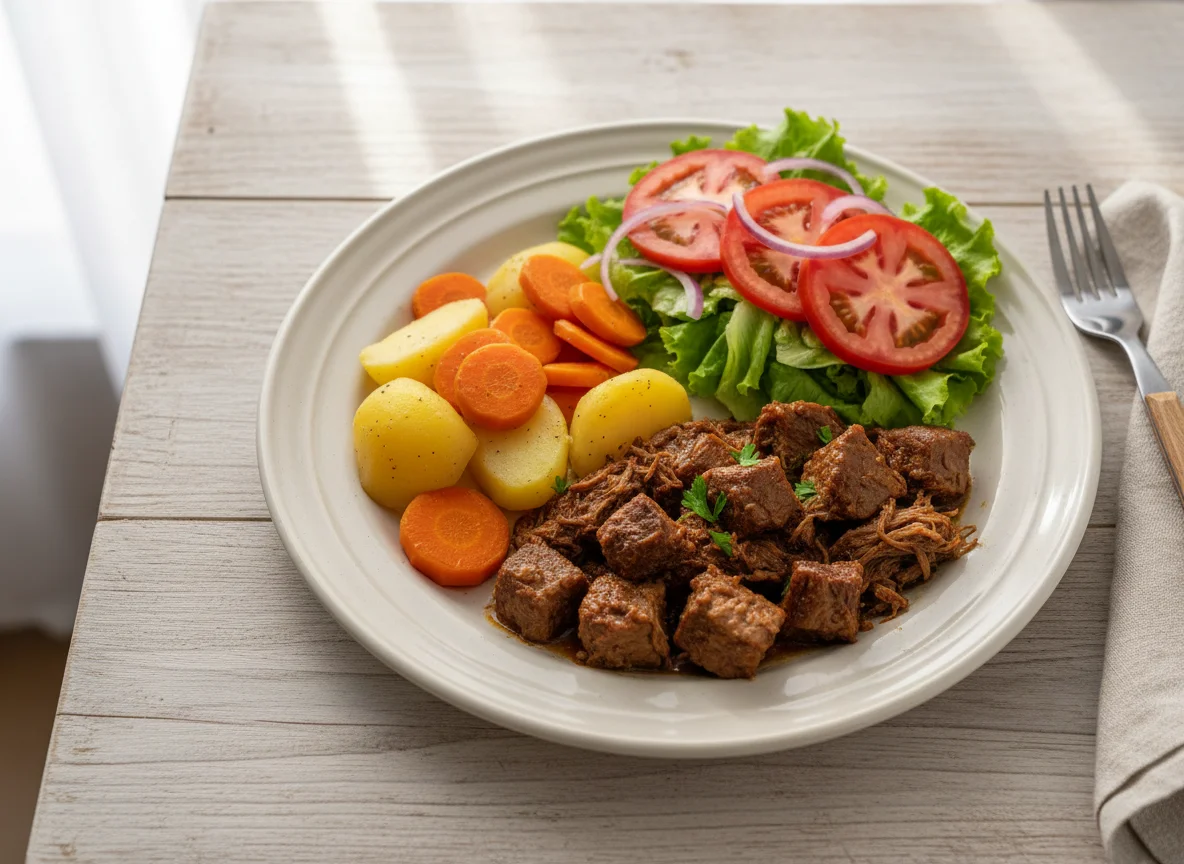 Prato com carne, batata, cenoura e salada photo