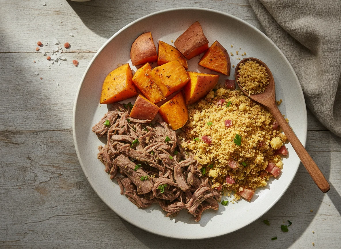 Prato com carne, batata doce e farofa photo
