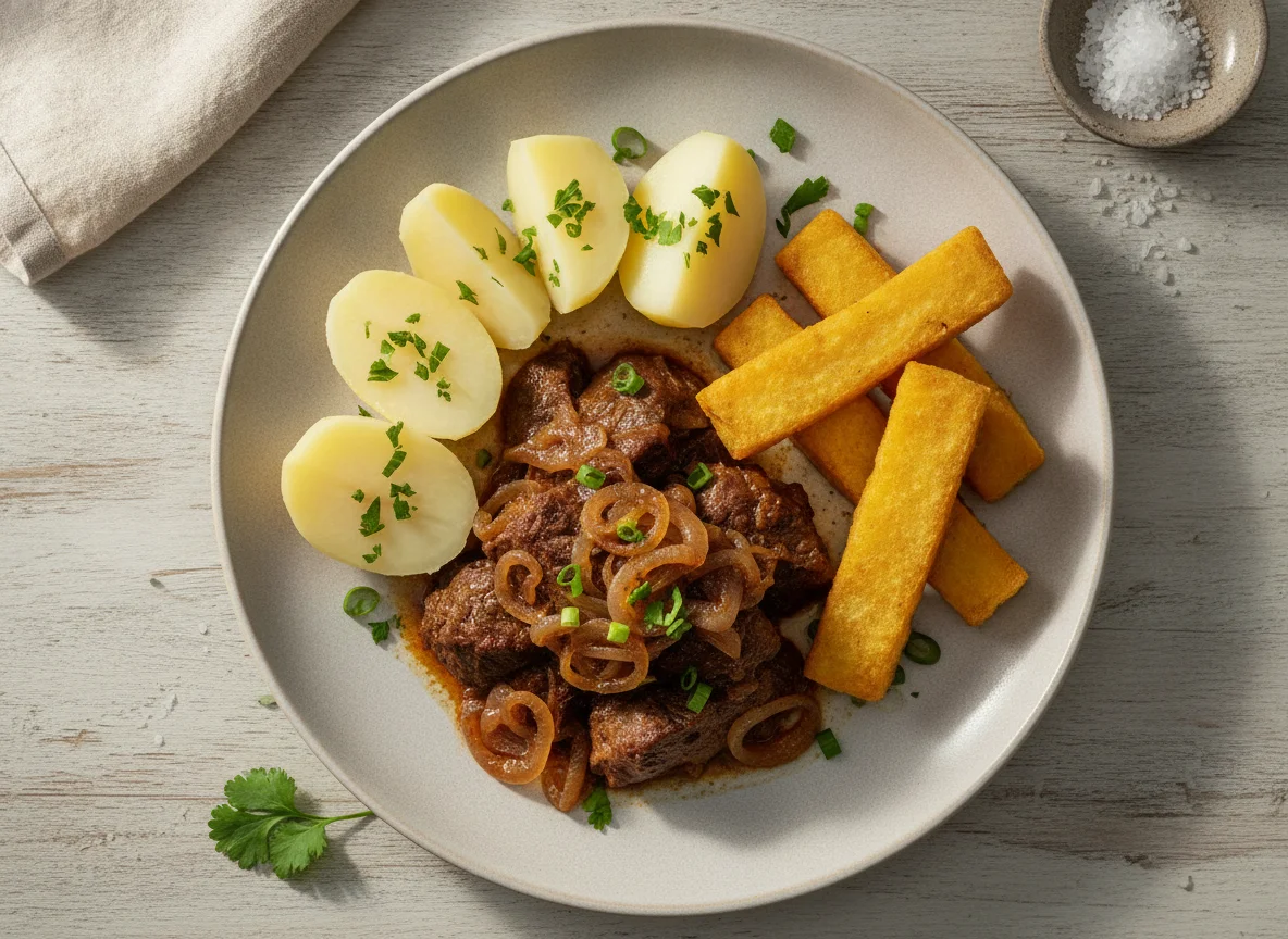 Prato com carne, batata e polenta frita photo