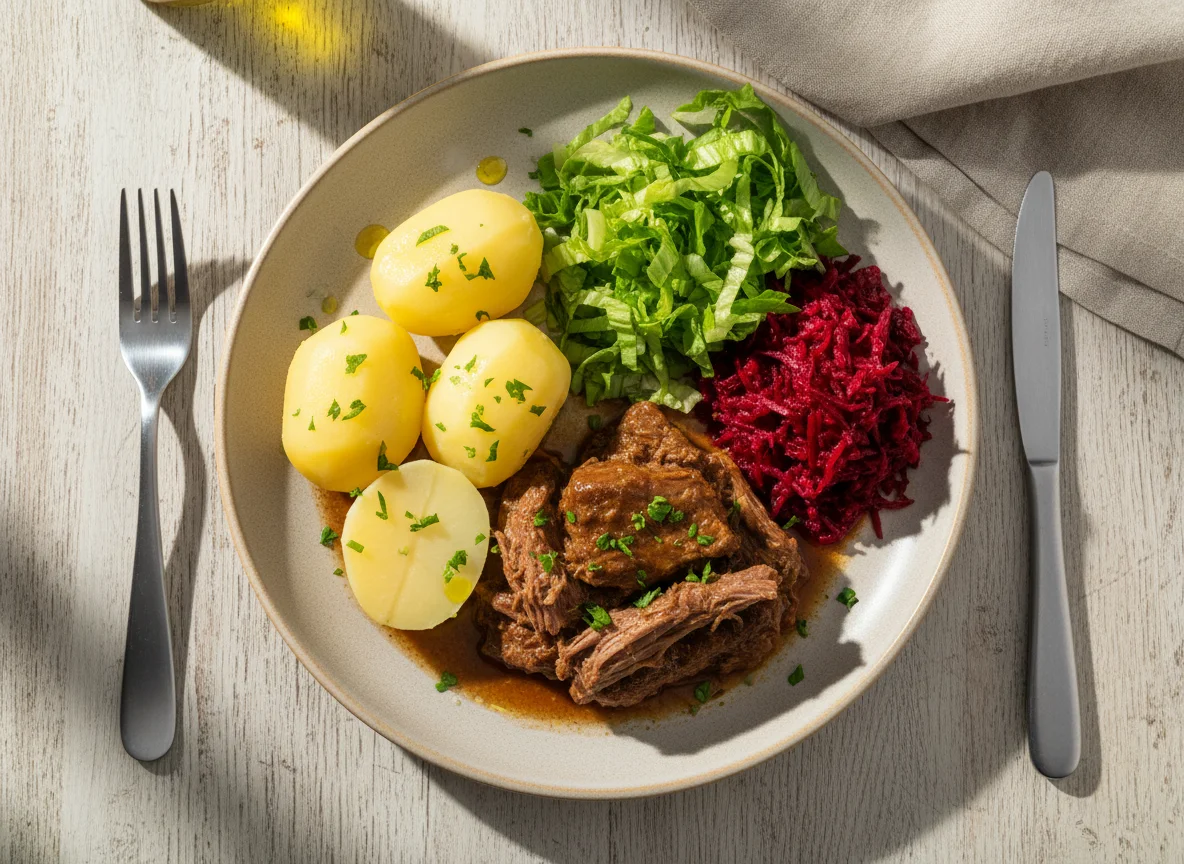 Prato com carne, batata e salada photo