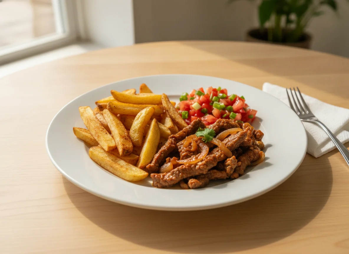 Prato com carne, batata frita e tomate photo