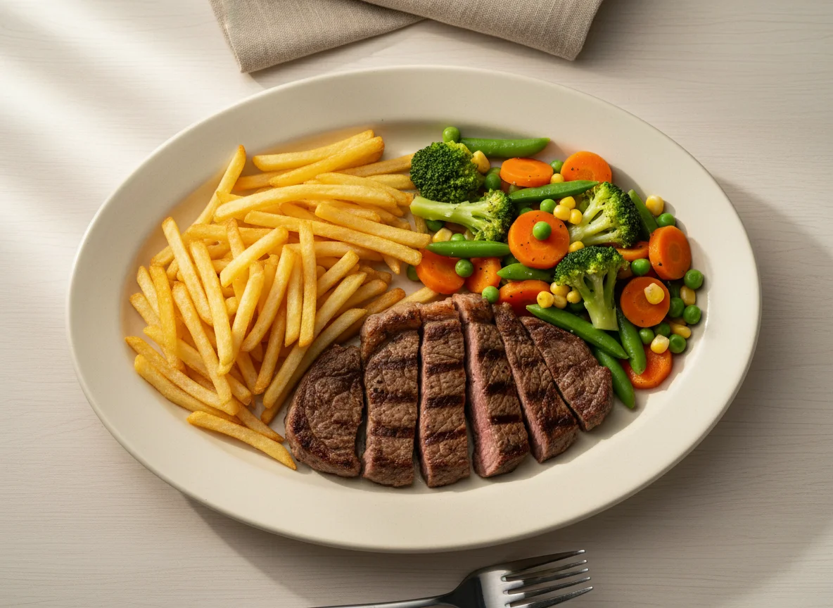 Prato com carne, batata frita e vegetais mistos photo