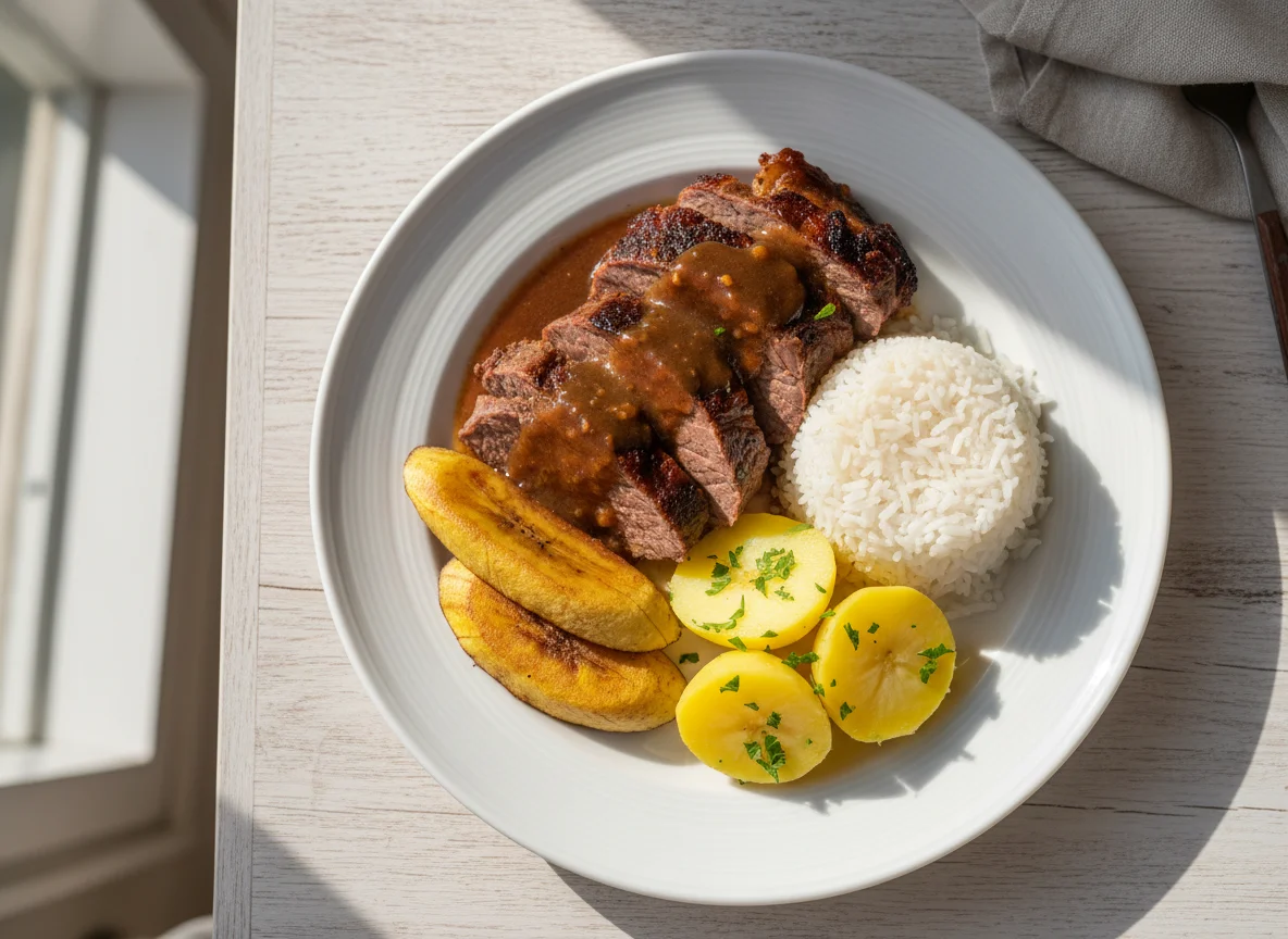 Prato com carne, batatas, arroz, banana e molho photo