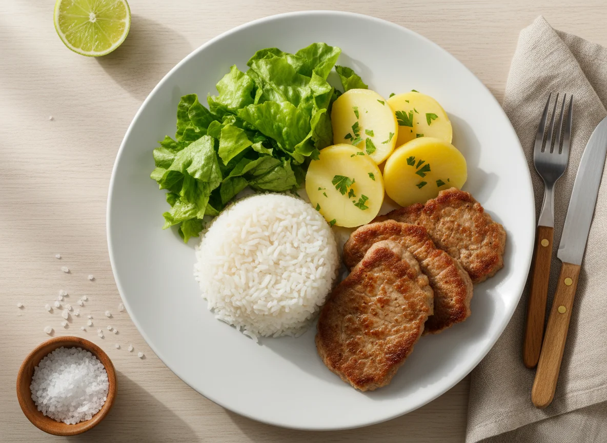 Prato com carne, batatas, arroz e alface photo