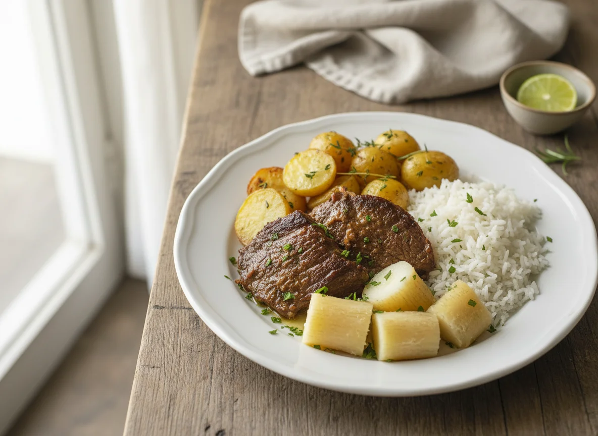 Prato com carne, batatas e arroz photo