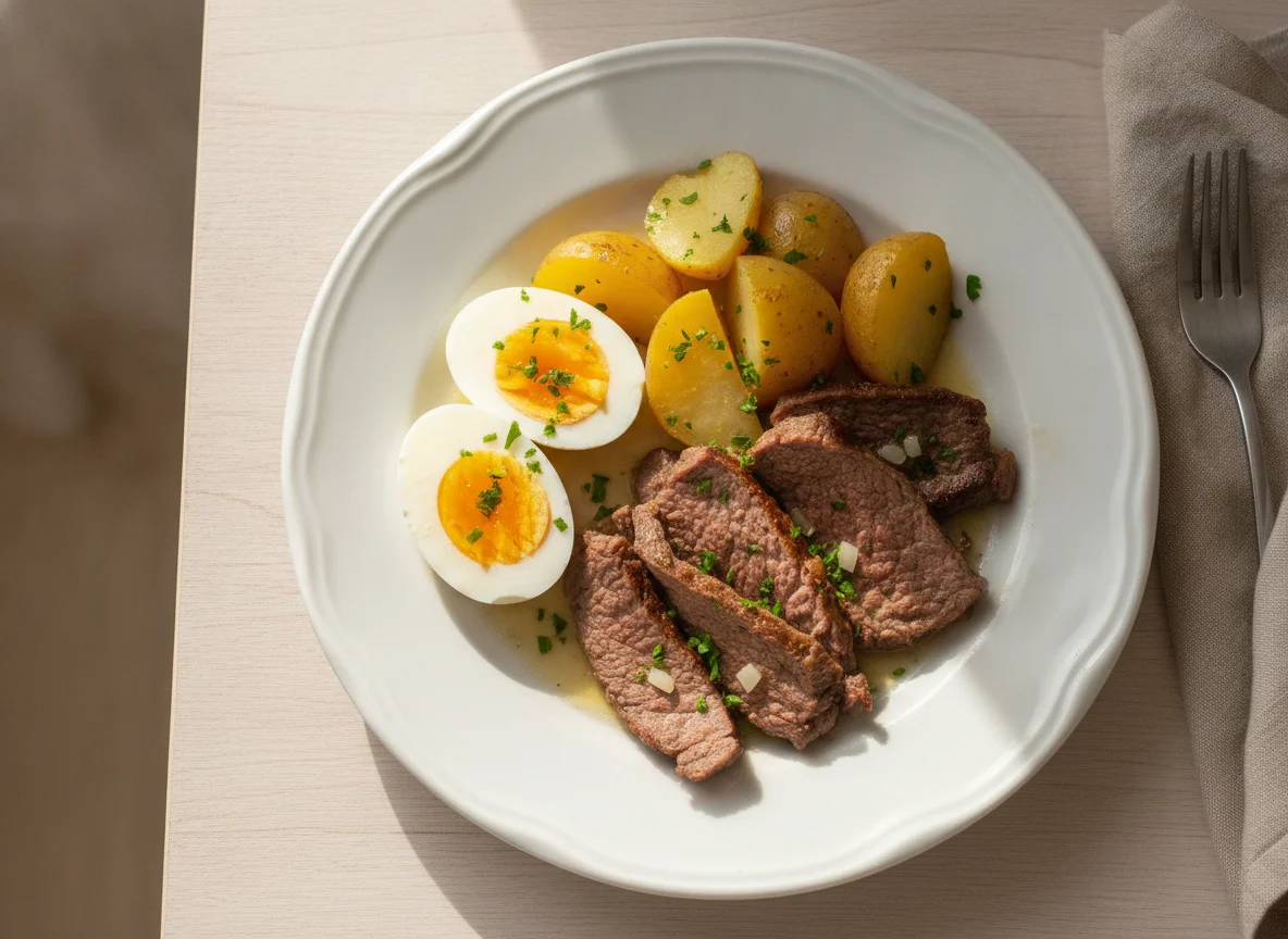 Prato com carne, batatas e ovos cozidos photo