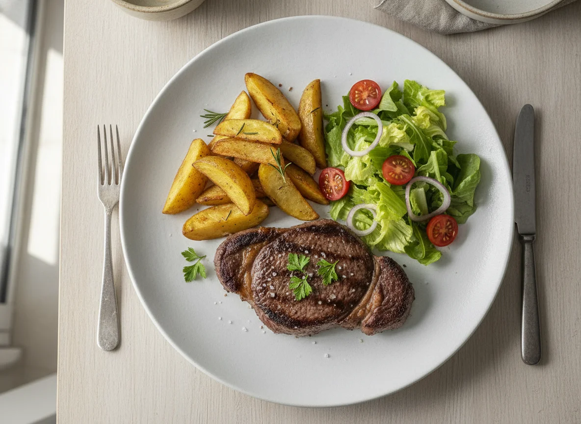 Prato com carne, batatas e salada photo