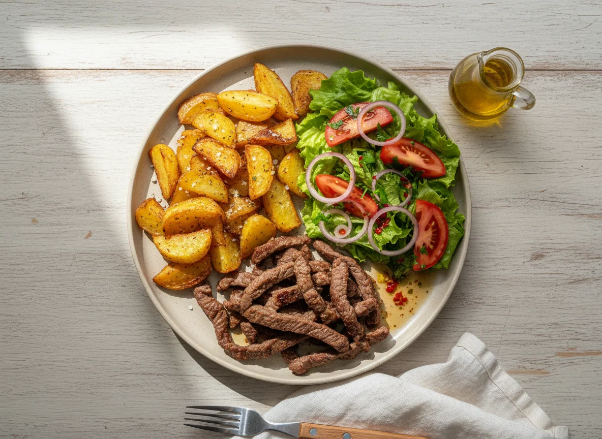 Prato com carne, batatas rústicas e salada photo