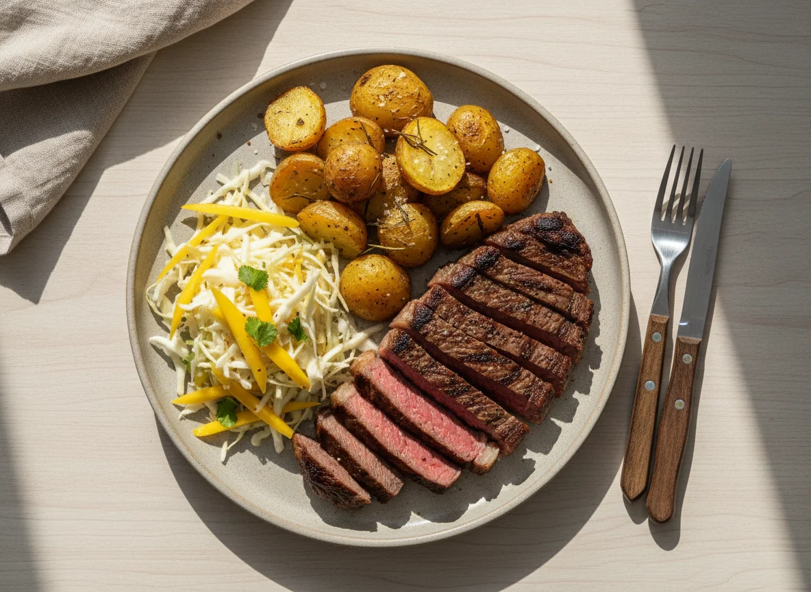 Prato com carne, batatas rústicas e salada de repolho com manga photo