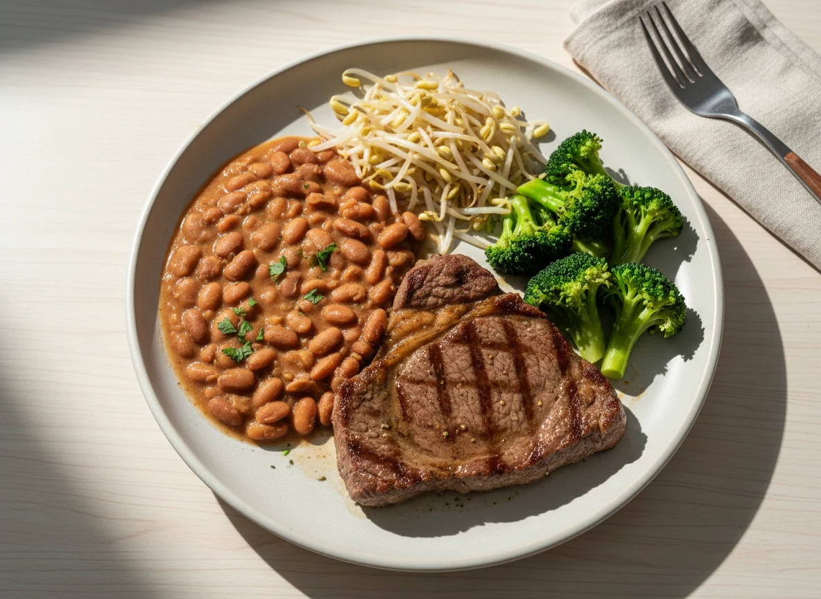 Prato com carne bovina, feijão, brócolis e broto de feijão photo