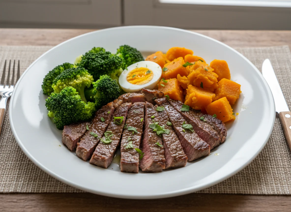 Prato com carne, brócolis, abóbora e ovo photo