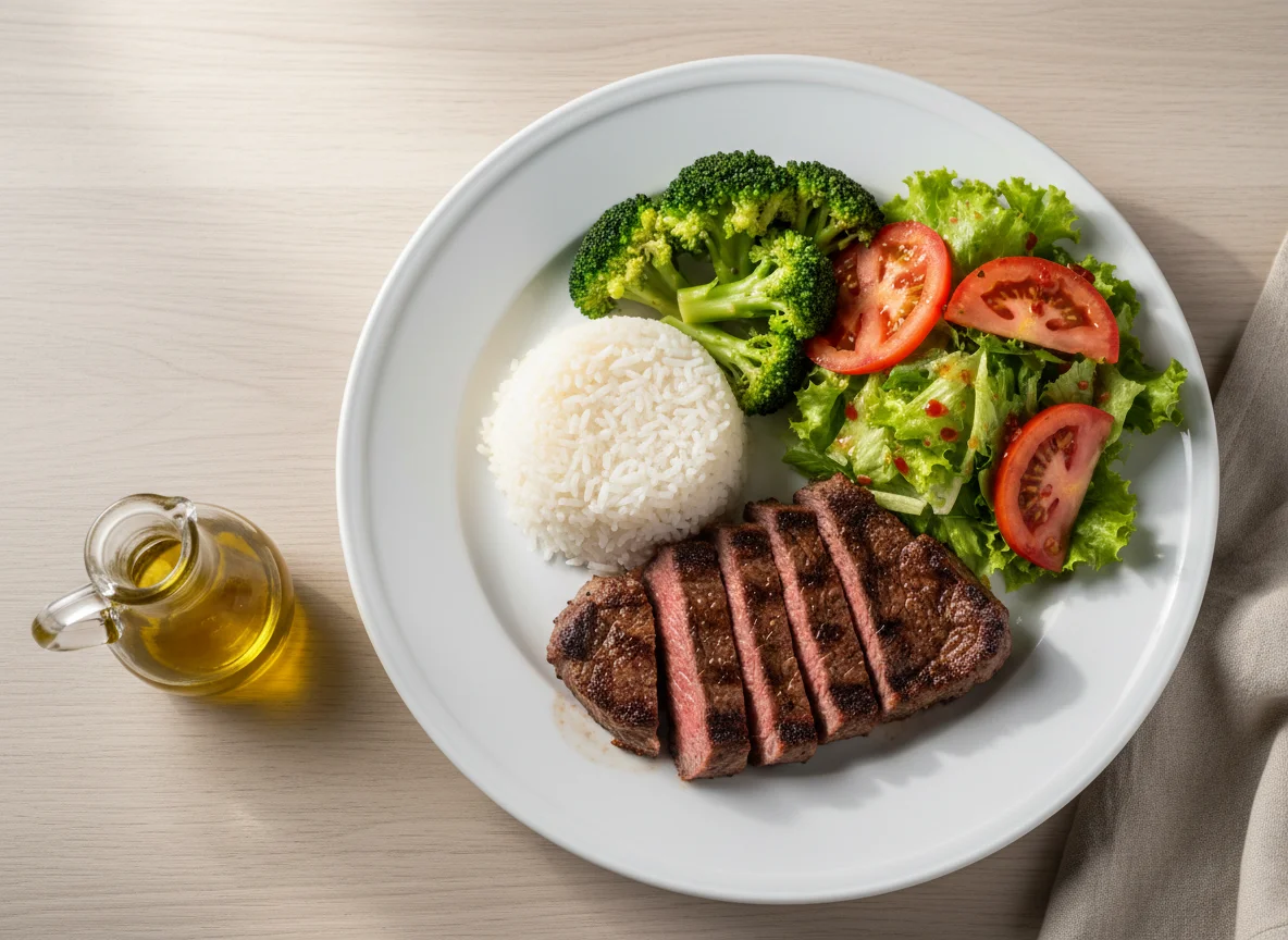 Prato com carne, brócolis, arroz e salada photo