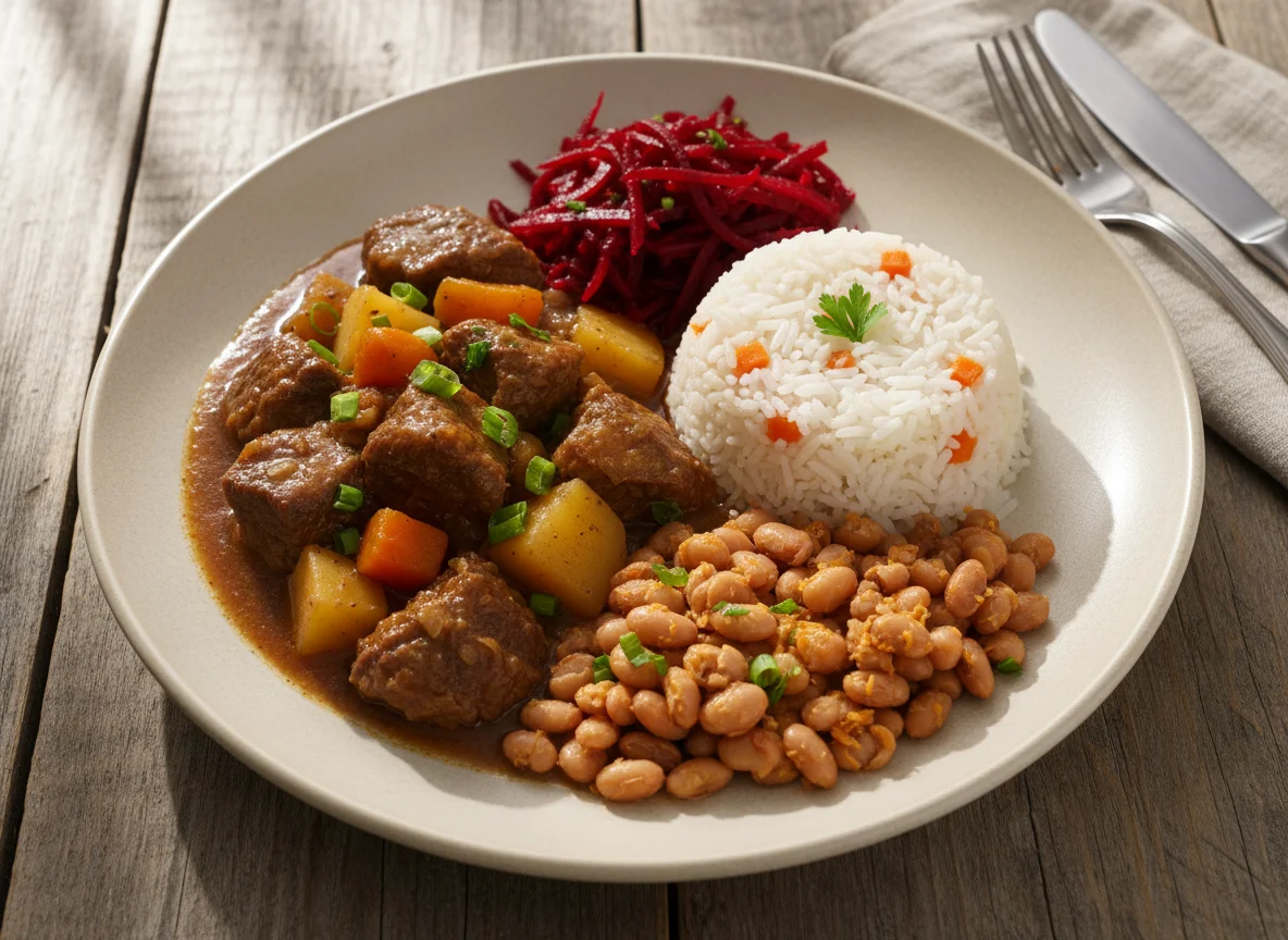 Prato com carne cozida, arroz, feijão-fradinho e beterraba photo