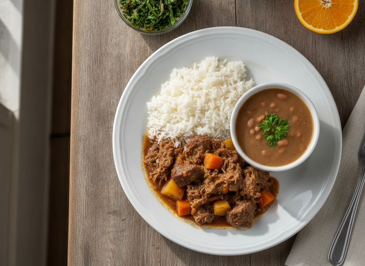 Prato com carne de panela, arroz e feijão photo