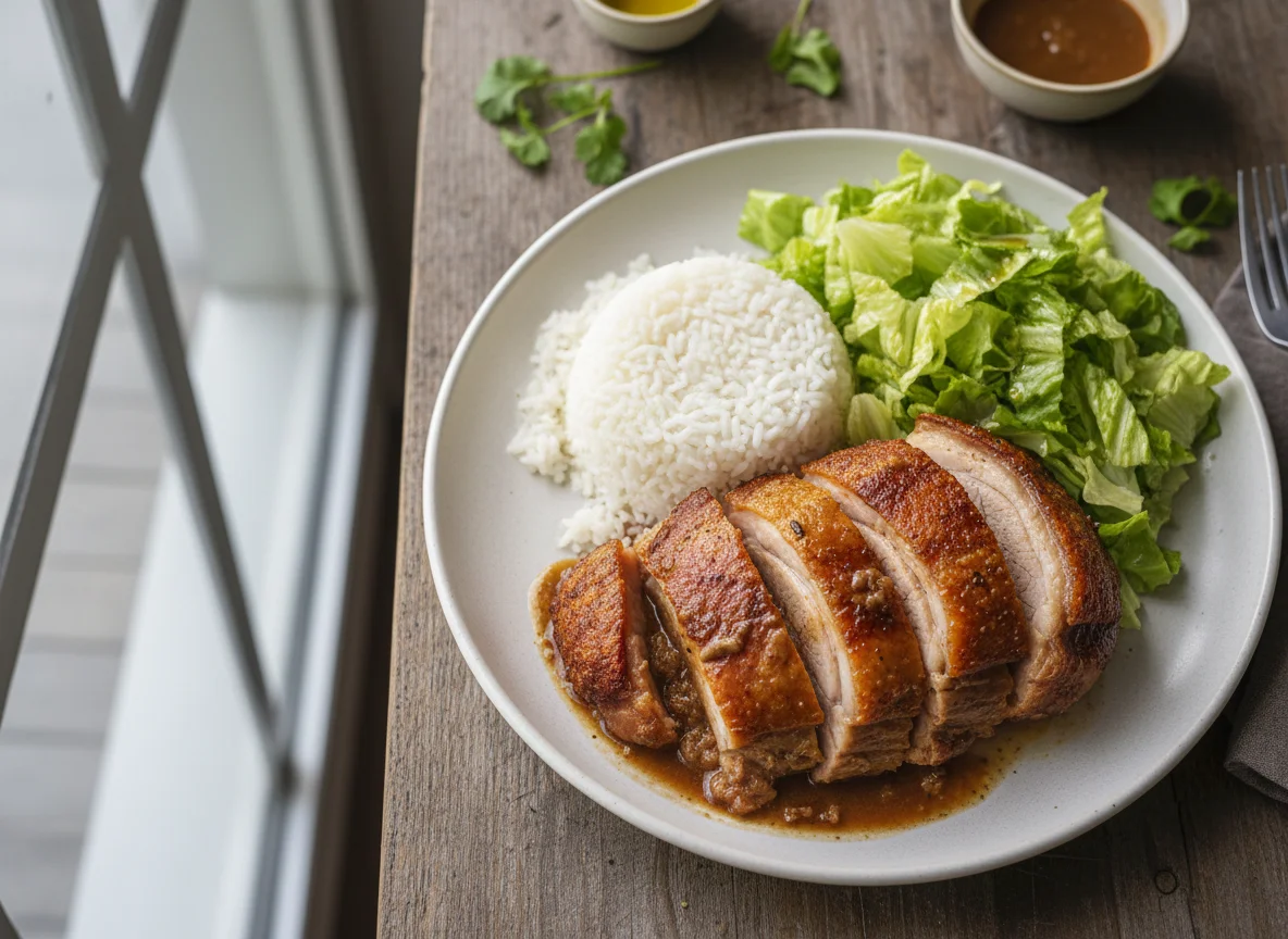 Prato com carne de porco, arroz e alface photo