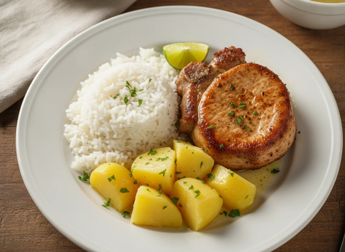 Prato com carne de porco, arroz e batata photo