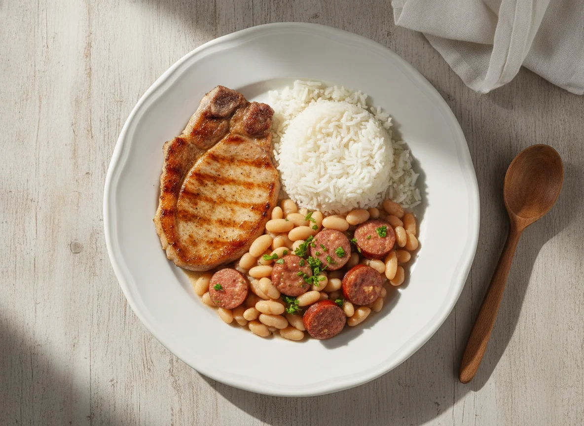 Prato com carne de porco, arroz e feijão photo