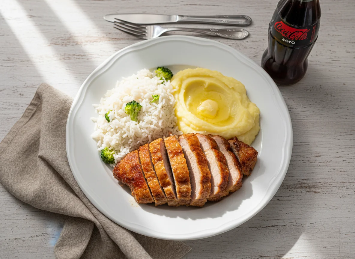 Prato com carne de porco, arroz e purê photo