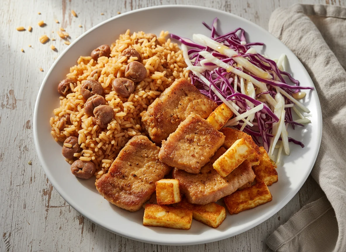 Prato com carne de porco, arroz e salada de repolho photo