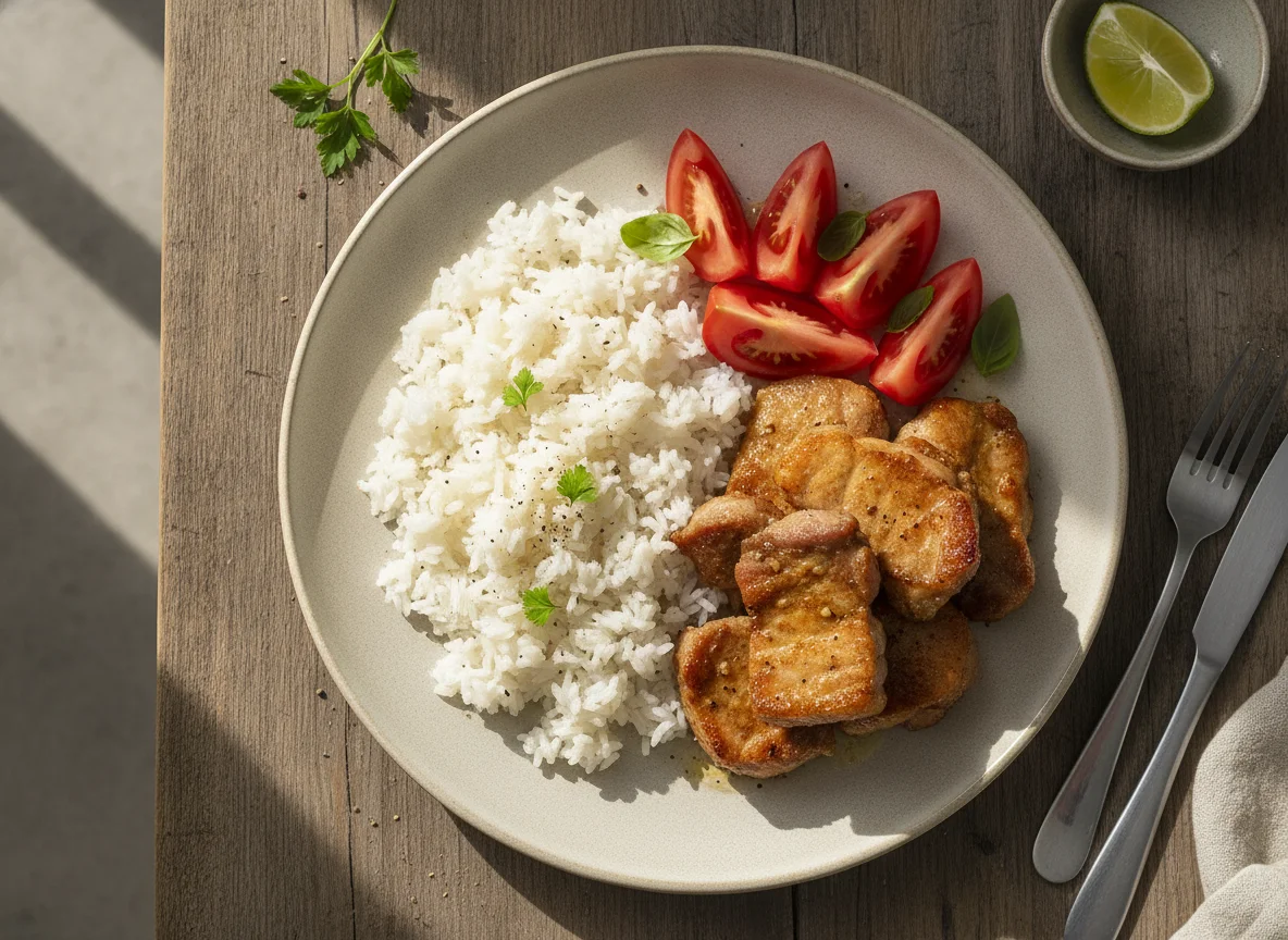 Prato com carne de porco, arroz e tomate photo